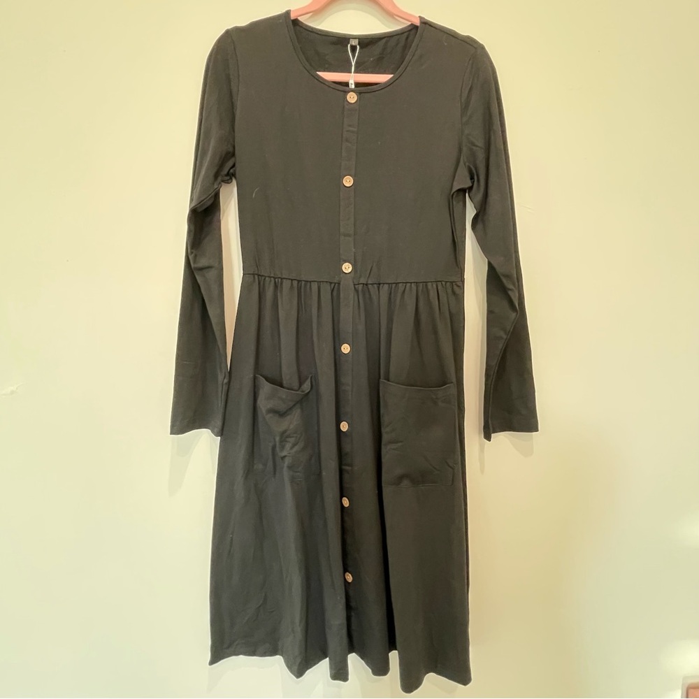 NWT - Black Long Sleeved Knee Length Dress with Decorative Buttons - L